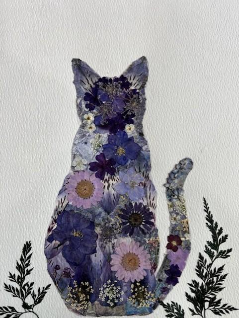 pressed flower art - purple cat